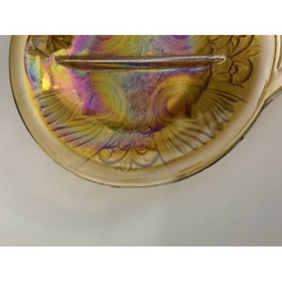 Canival Glass Irridescent Amber Divided Dish Serving Bowl Plate Vintage - Picture 4 of 12